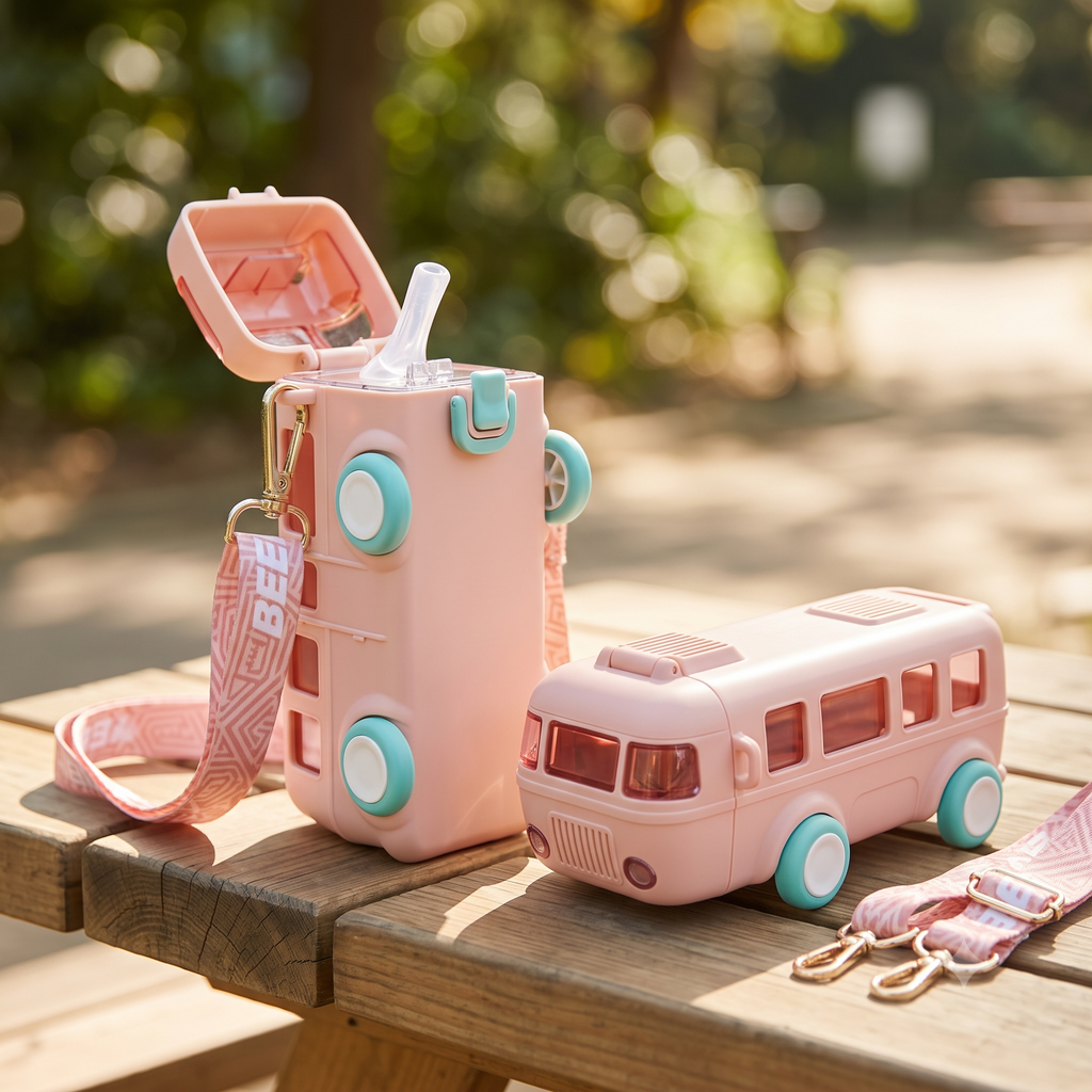 Contemporary 2-in-1 Toy Bus shipper water bottle with Movable Wheels Drinking Water Bottle for School