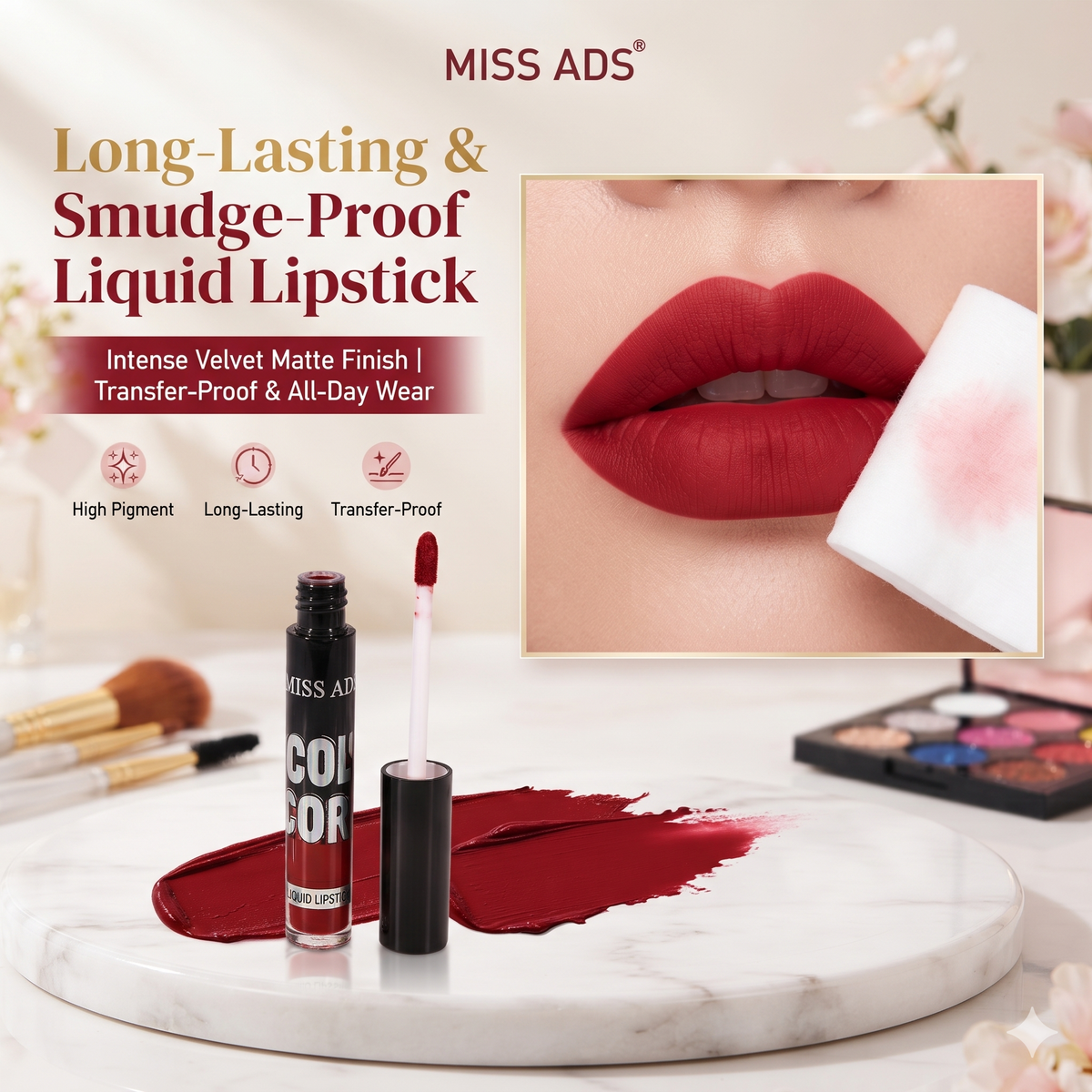 MISS ADS COMBO (MAKEUP BRUSH SET, GLITTER EYESHADOW, LIQUID LIPSTICK)