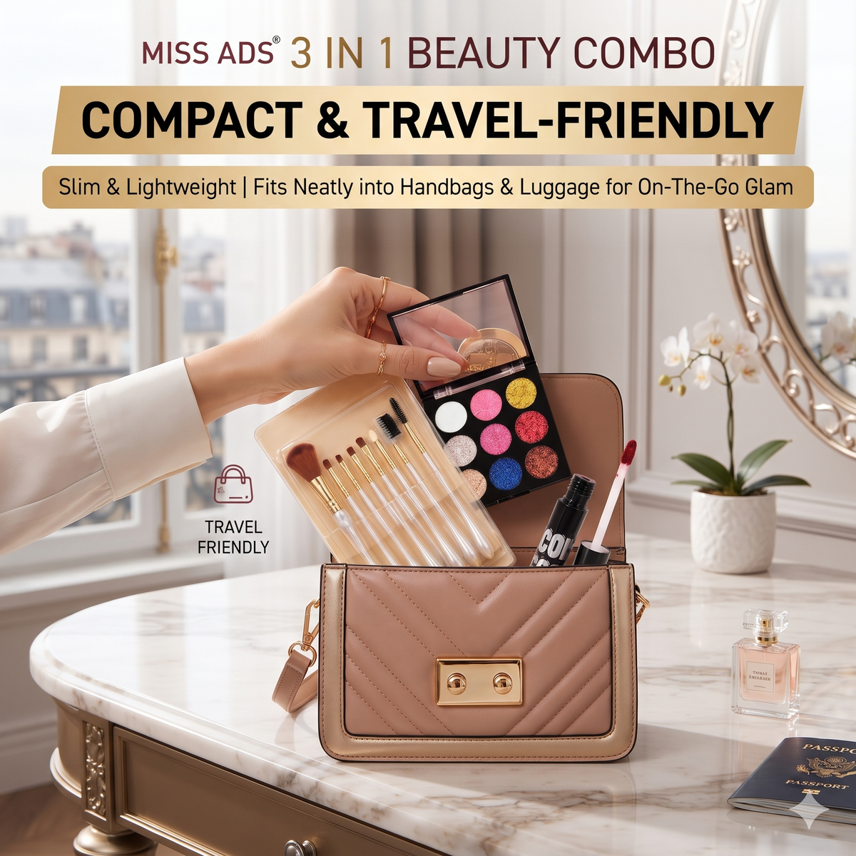 MISS ADS COMBO (MAKEUP BRUSH SET, GLITTER EYESHADOW, LIQUID LIPSTICK)