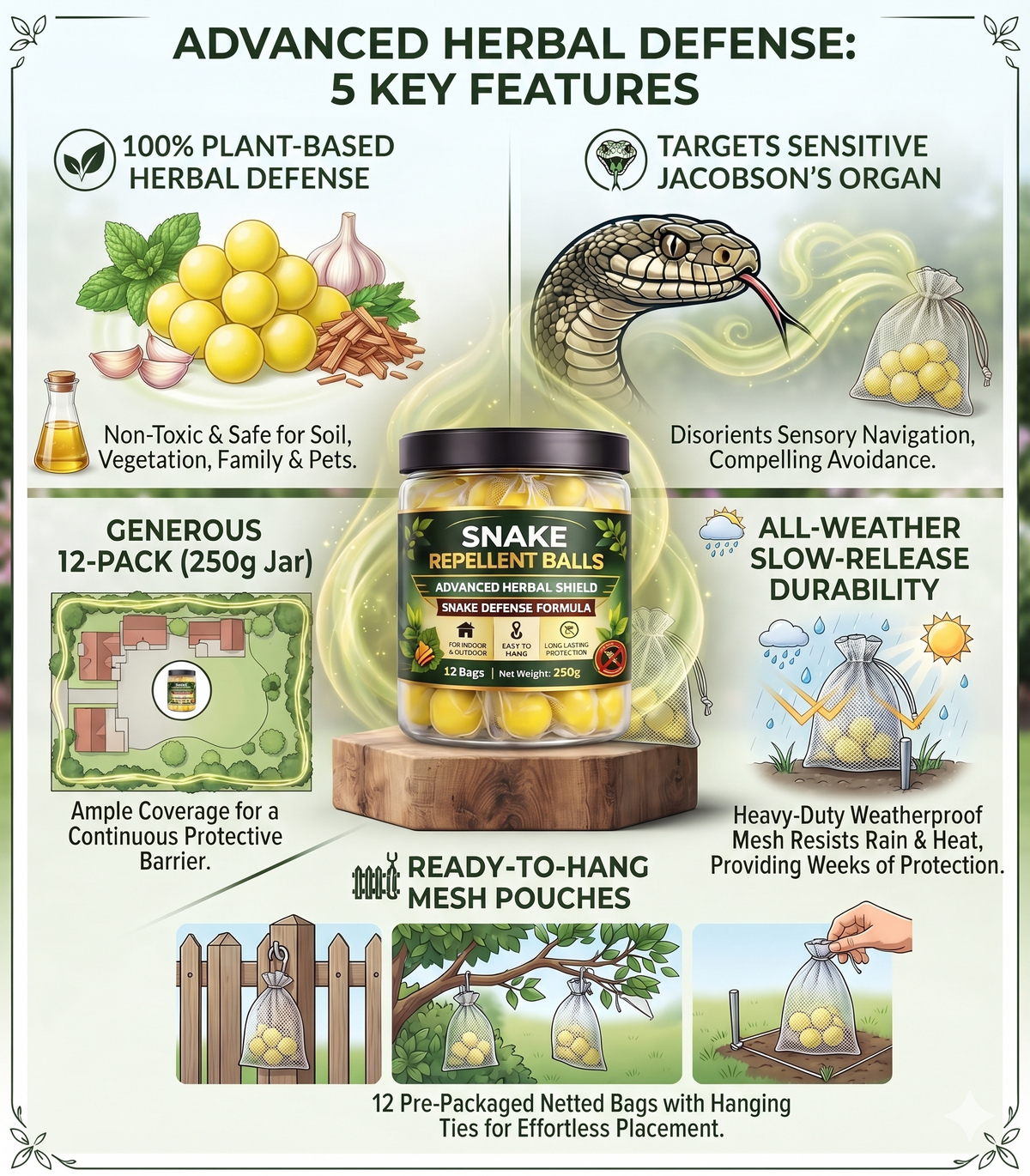 Herbal Snake Repellent Balls for Indoor & Outdoor Use | Natural Long Lasting Snake Deterrent Sachets for Home, Garden, Farm & Warehouse (12 Balls)