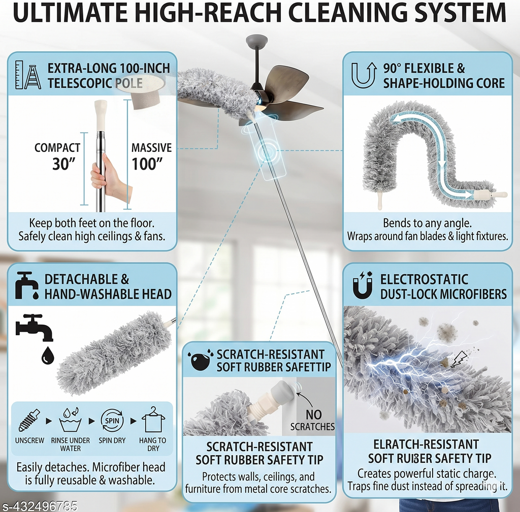 OmniSweep HighVault Pro(Microfiber Duster for Cleaning Telescopic Extension Long Pole Bendable Head)