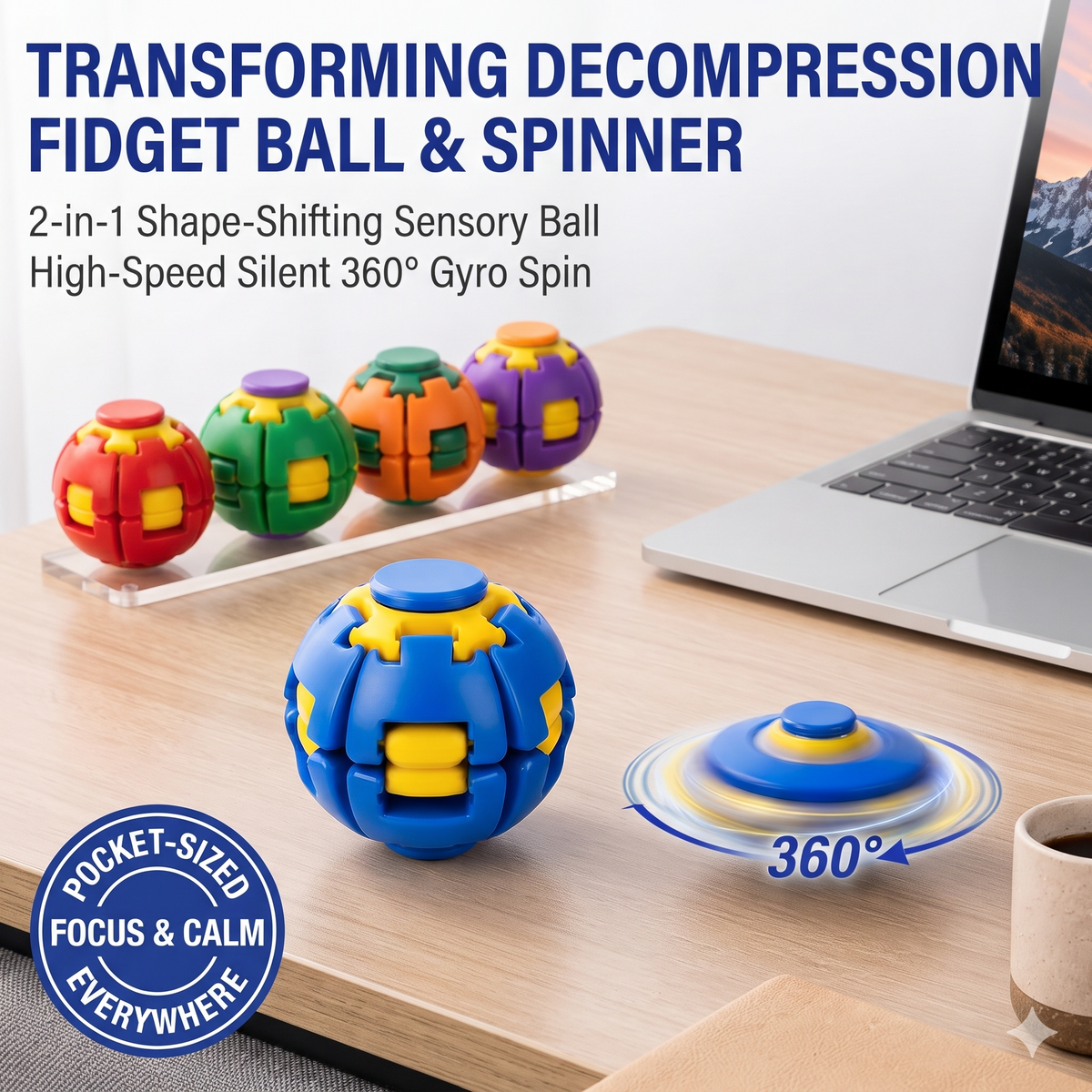 MorphoOrb™ 2-in-1 Transforming Kinetic Fidget Ball & 360° Desk Spinner(Quiet Sensory Stress Relief Toy for Adults, Kids & Students)